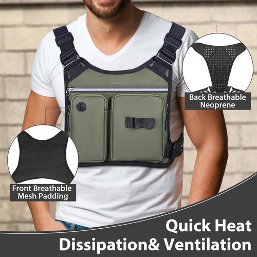 Pvnoocy Chest Bag for Men, Waterproof Running Pack with Water Bottle & Phone Holder, Lightweight & Adjustable EDC Bag for Workouts, Running, Fishing, Cycling (Olive)
