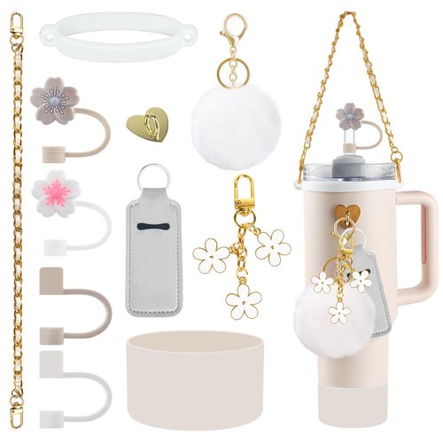 Velaco 11 PCS Accessories for Stanley Cup, Water Bottle Handle Strap for Stanley 30/40 oz tumbler with handle, including Straw Toppers, Silicone Cup Boot, Keychain Charms - White