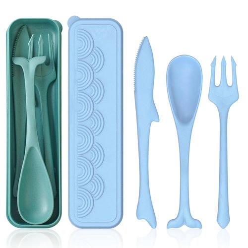 Reusable Travel Utensils with Case, Ocean Themed Fork and Spoon Set for Lunch Box, Portable Cutlery Set for Adults Picnic Camping Utensils (2, Light Blue, Deep Green)