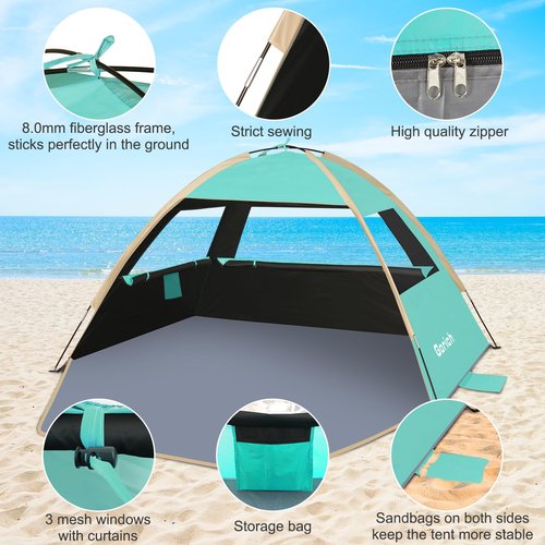 Gorich Beach Tent for 3 People + Beach Tent Poles for Replacement (3 People, Dark Shelter Turquorise)