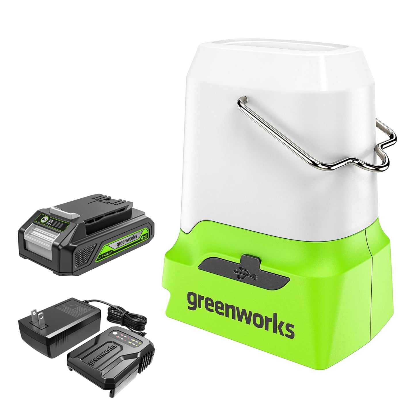 Greenworks 24V Cordless Lantern, Portable 500 Lumens Camping Light with Hook and Two USB Output Ports, 3 Modes, Mini Area Light with 2Ah Battery and Charger