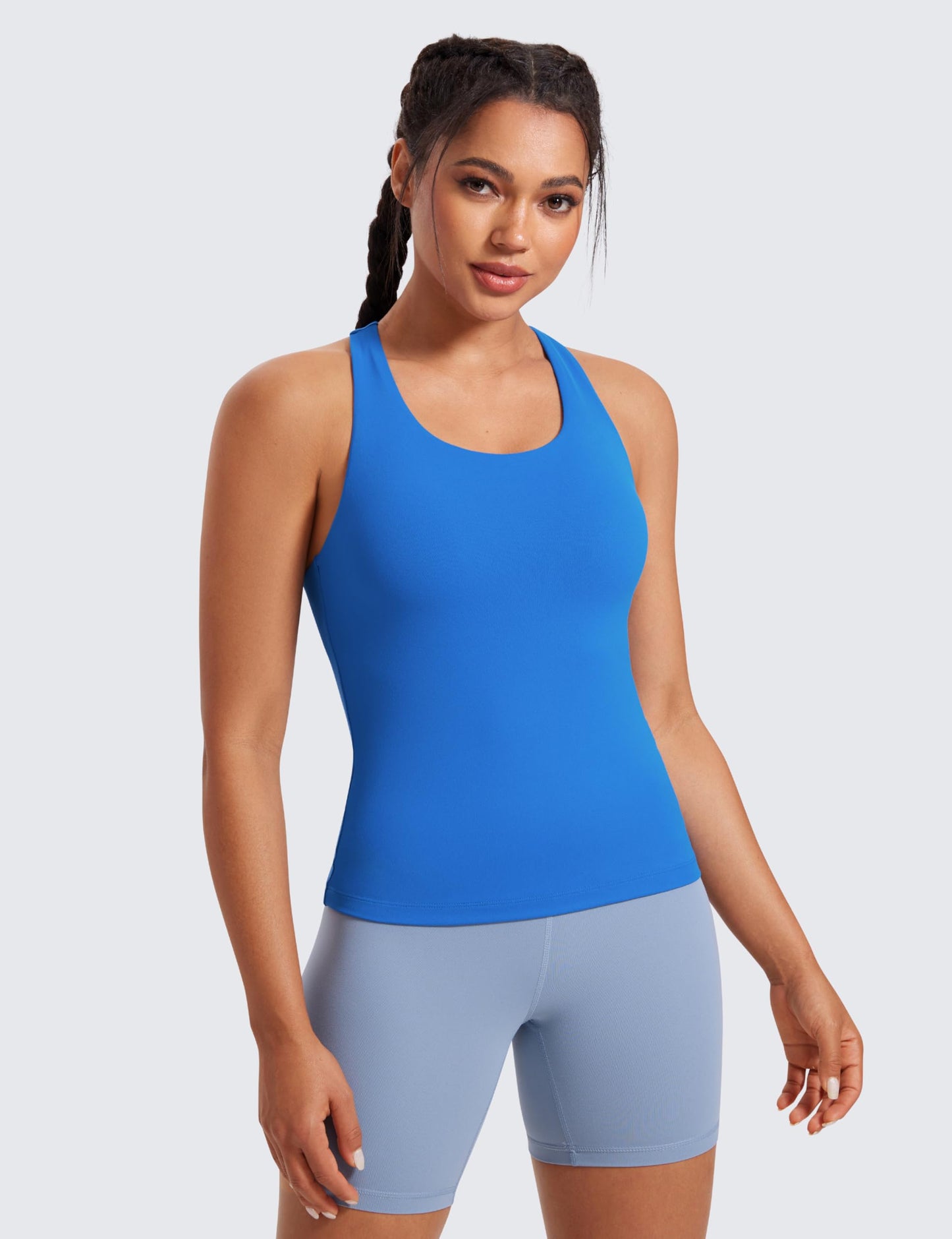 CRZ YOGA Butterluxe Workout Racerback Tank Tops for Women - Padded Athletic Spandex Yoga Shirts with Built in Bra Sparkle Blue Large
