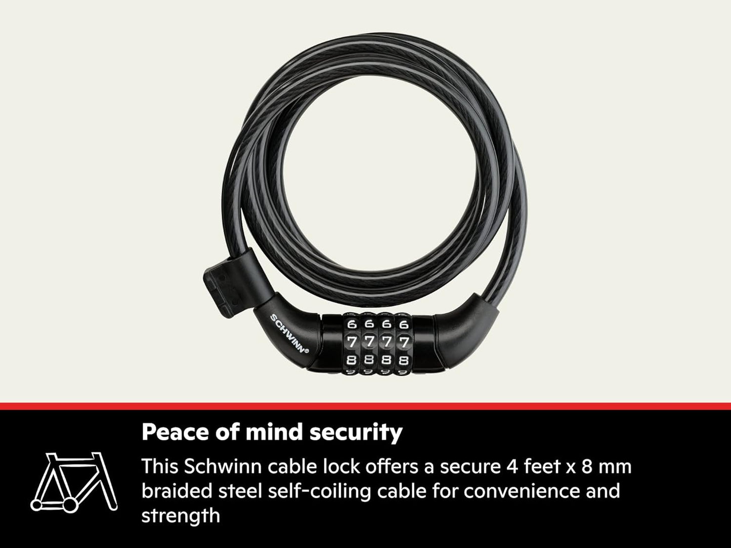 Schwinn Combination Bike Lock in Braided Steel Cable, 6 feet x 12 mm Anti Theft Bicycle Lock, Black, Security Level 3