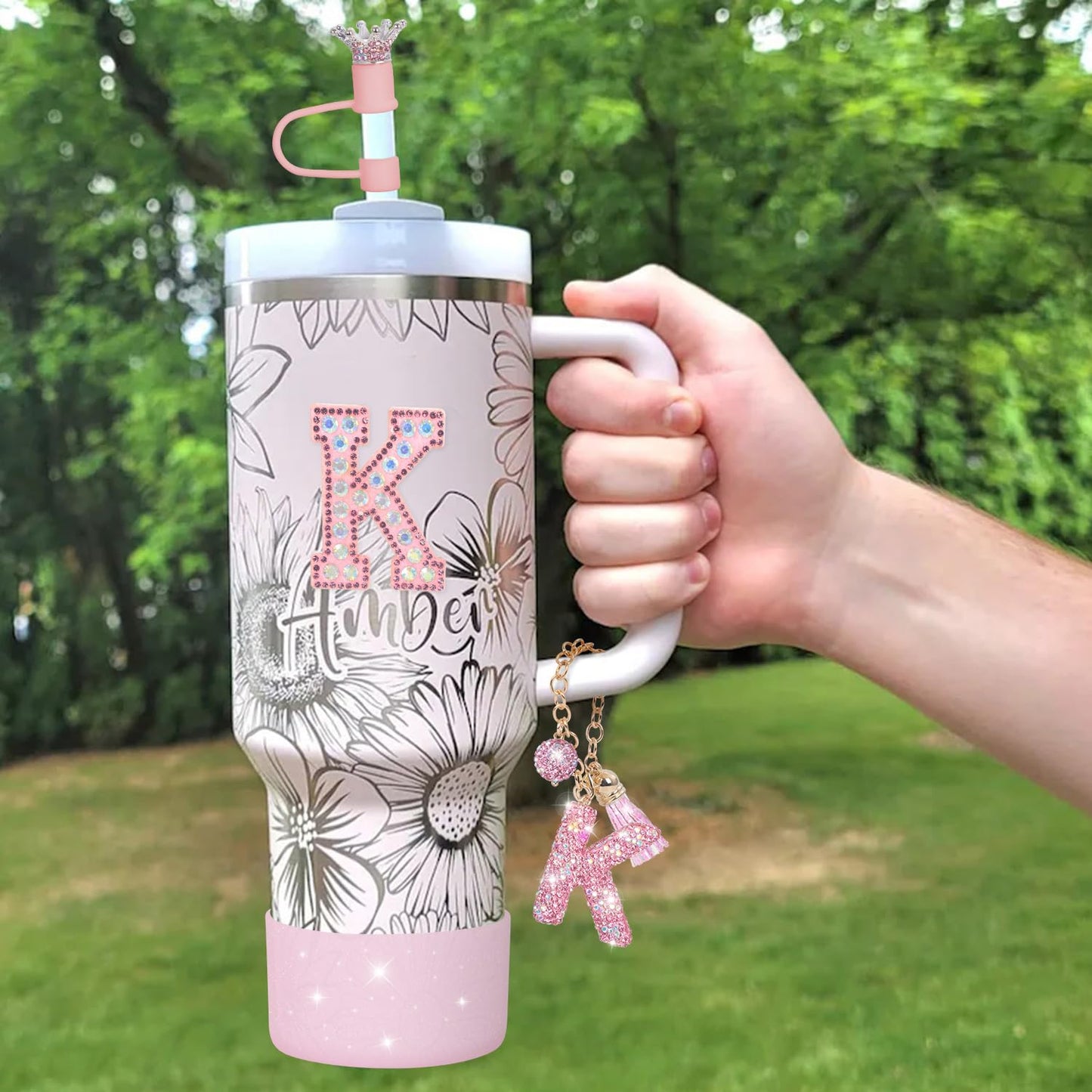 JUNIQUTE Pink Diamond Letter Charms Accessories for Handle Set, Bottom Protector for 40oz 30oz Stanley Cup, Crown Straw Cover & Sticker (K)