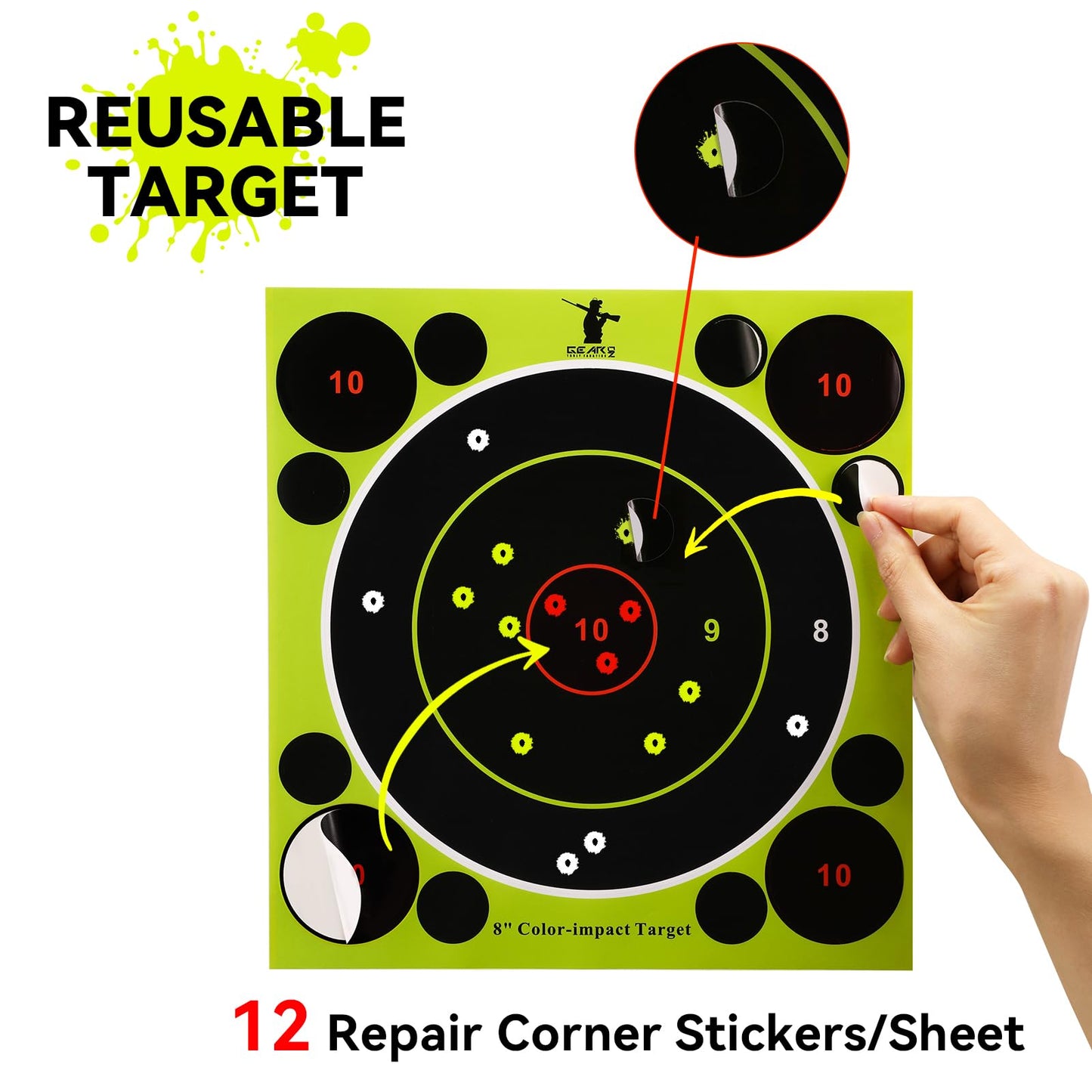 GearOZ 3 Colors Splatter Shooting Target Paper, 30 Sheets 8" Instant Shoot See Target with Red Bullseye, Self Adhesive Paper for Shooting Range & Practice, Airsoft, Pellet Gun, Rifles, BB Gun