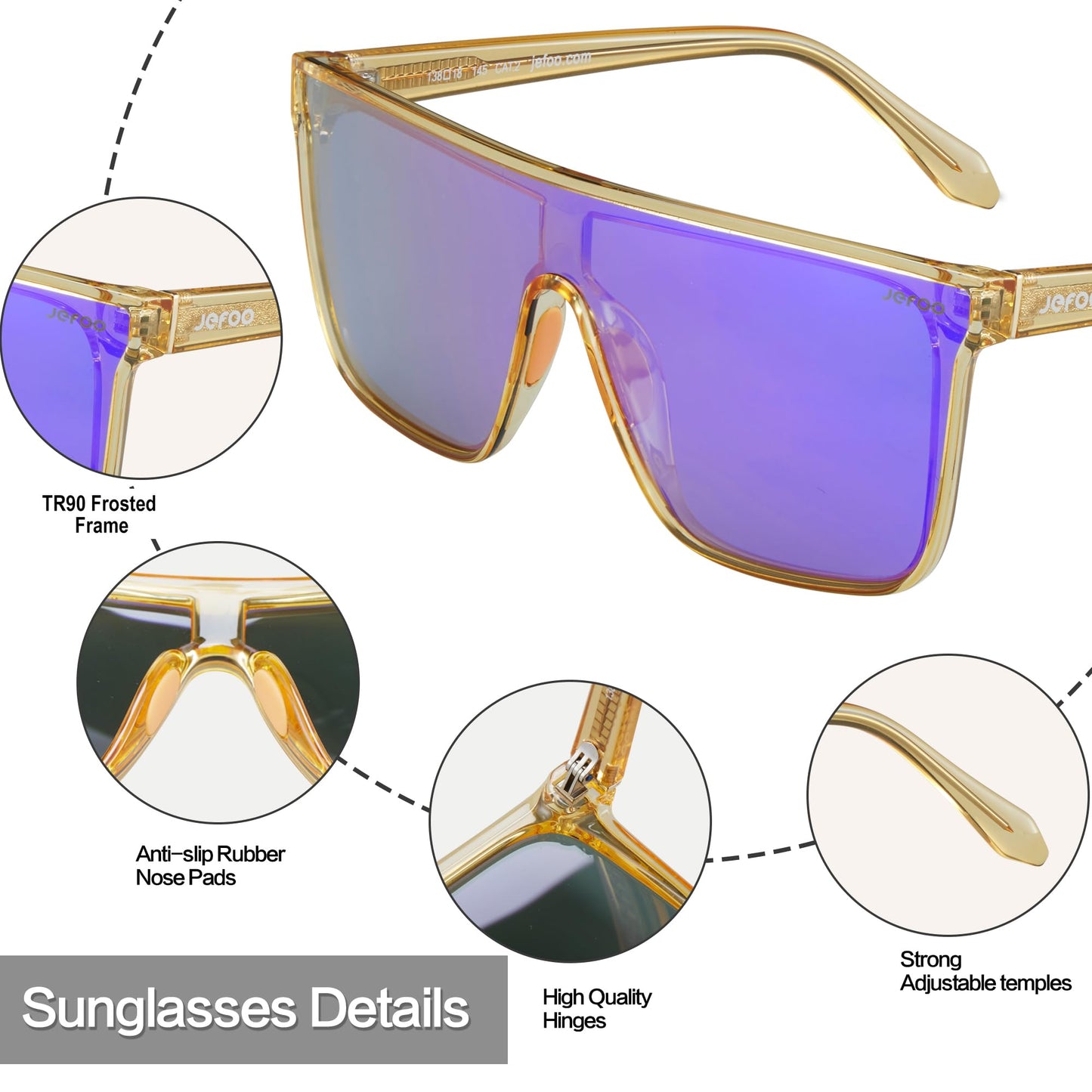 Jefoo Polarized Square Sunglasses for Women Men Oversized Fashion Siamese Lens Style Flat Top Shield Shades UV Protection
