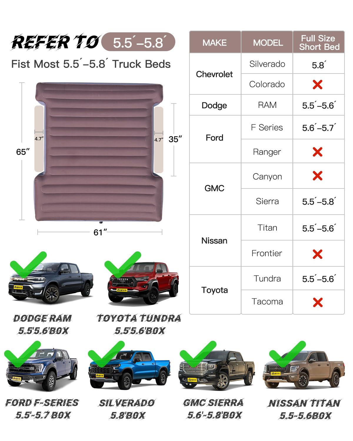 ACOTHOT Truck Bed Air Mattress with Cordless Rechargeable Air Pump, Peachskin Fabric Truck Bed Mattress with 2 Pillows Fits 5.5-5.8ft Short Beds | 9.5" Height Mattress Perfect for Outdoor Camping