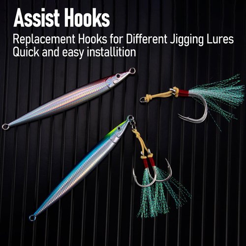 Dr.Fish 10 Pack Double Jigging Assist Hooks Saltwater Replacement Hooks Vertical Jig Lure Mylar Flash Teasers Slow Pitch Fast Fall Diamond Jig Tuna Striper Flounder Mackerel 3/0