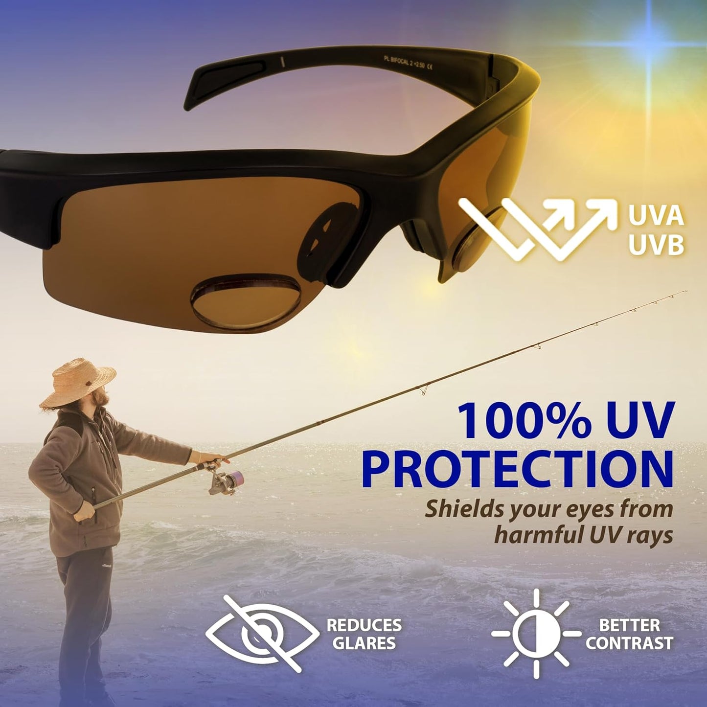 Global Vision BluWater Polarized Bifocal Sunglasses For Men & Women Fishing Glasses With Bifocals +2.0 Magnification Black Frame w/Polarized Brown Lenses