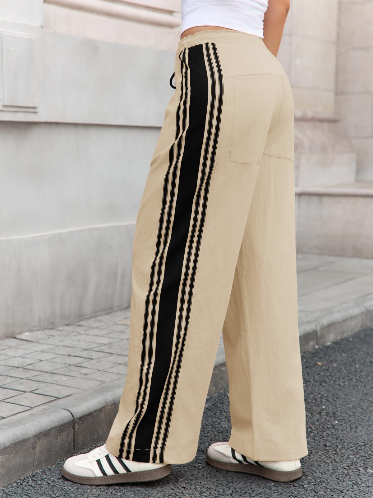 Fisoew Womens Wide Leg Pants Drawstring High Waisted Striped Baggy Palazzo Track Pants with Pockets Light Khaki