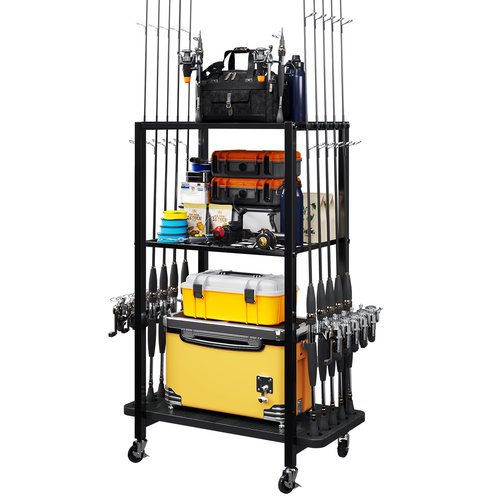 TC-HOMENY Fishing Rod Holder for Garage, Fishing Pole Rack Cart 10 Rod Fit All Fishing Rods, 3 Tier Fishing Tackle Storage Organizer Rack with Storage Bag, Fit For Living Room, Black