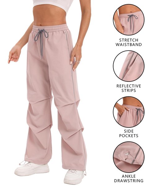 Bakyarder Women's Casual Parachute Pants Long Baggy Hiking Lightweight Drawstring Elastic Waist Wide Leg Track Trousers Y2K Streetwear Reflective Strips Pants Pink X-Large
