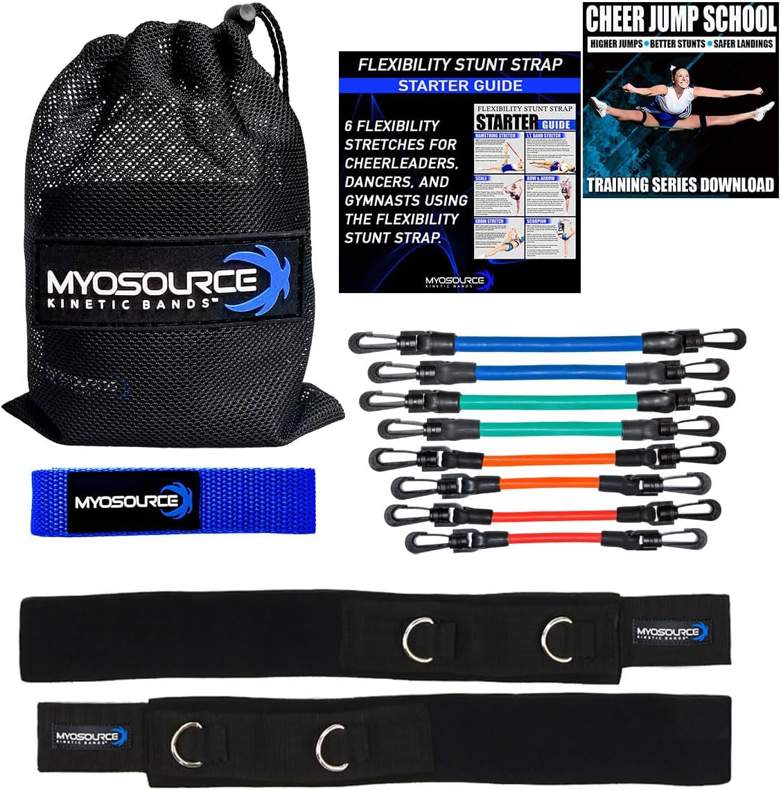 Cheer Kinetic Bands Cheerleader Flexibility and Strength Training | Improve Jumps, Stunts, Landings | 4-Level Leg Resistance Bands & 12 Stunt Strap Color Options, Digital Training Downloads