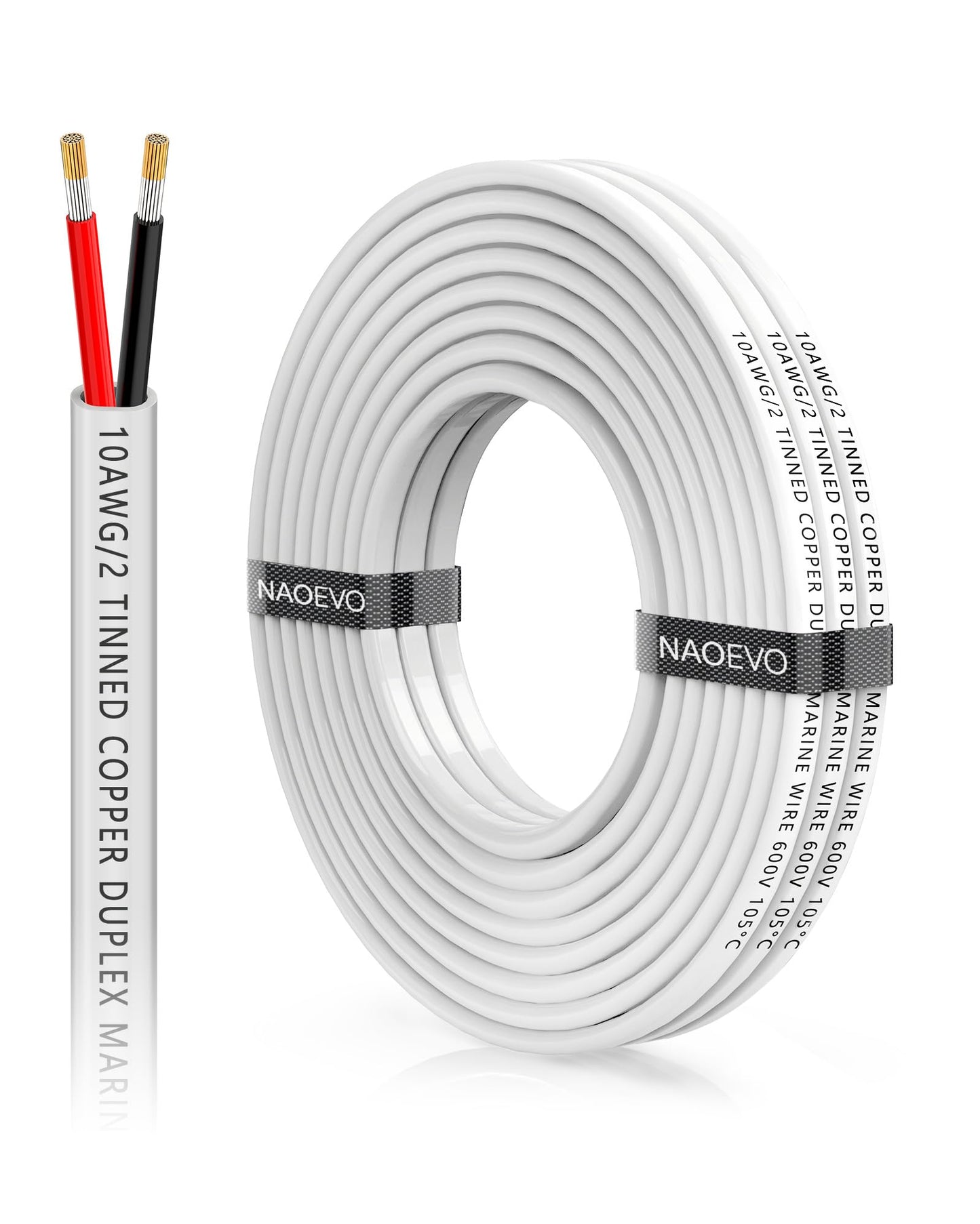 NAOEVO 10 Gauge Marine Wire Duplex, 10 AWG Stranded PVC Marine Electrical Wire, Waterproof/Corrosion Resistant/Tinned Copper Electrical Cable for Boat/Automotive/RV/Solar (15FT)