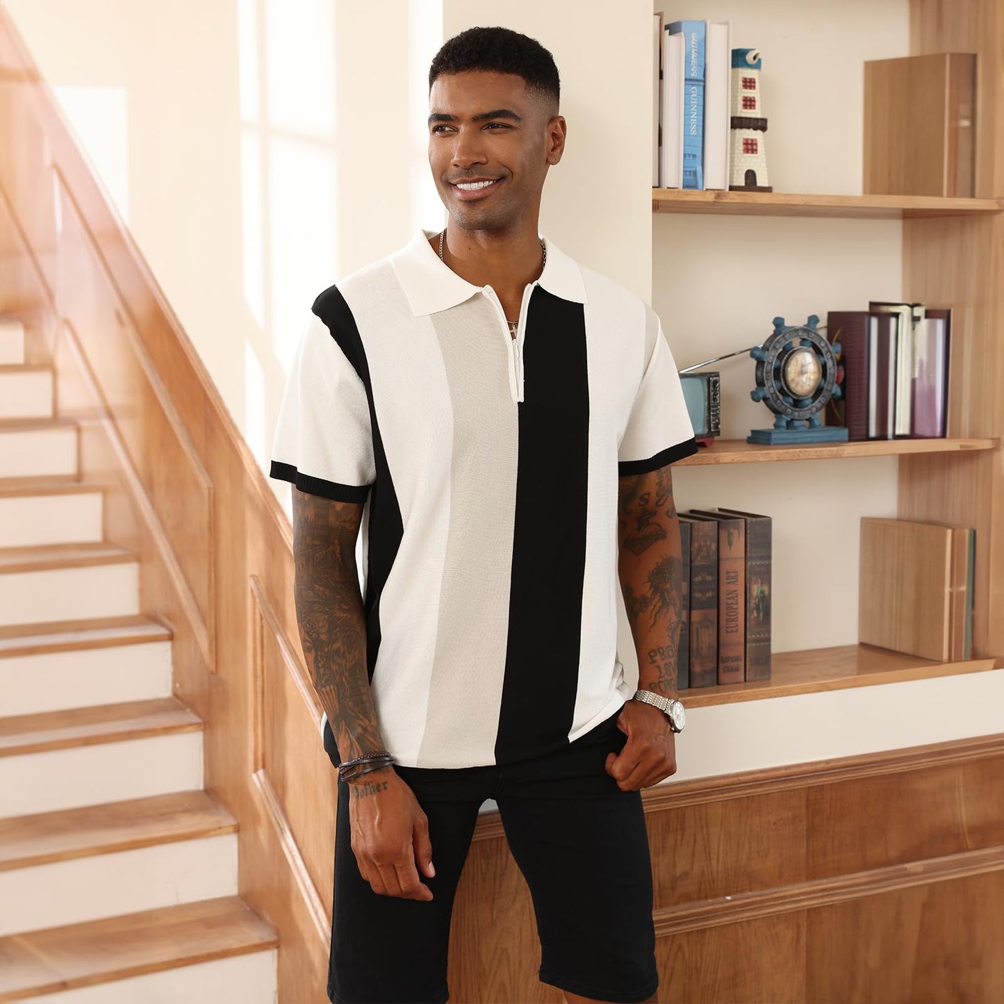 Men's Fashion Polo Shirts Vintage Striped Knitting Shirts Casual Slim Fit Golf Shirts White