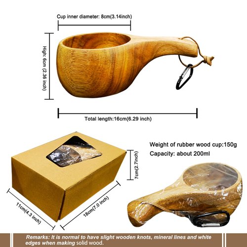 Sanrich Wooden Mug Kuksa Handcrafted Wood Camp Mug Survival Wood Cup Camping Cups & Mugs with Carabiner Leather Lanyard For Drinking Tea Coffee (8 ounces-tortoiseshell-no handle hole)