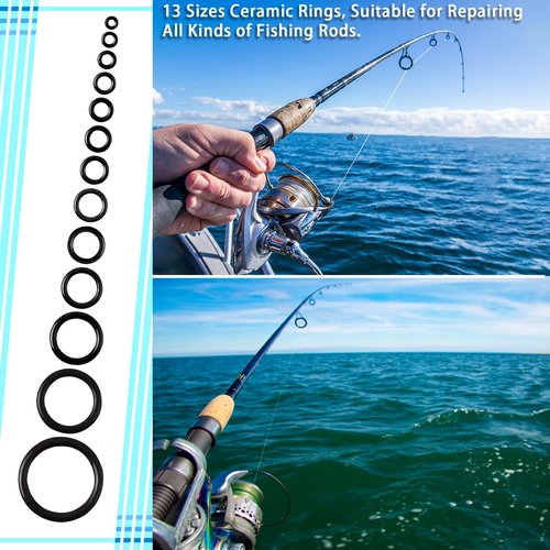 CWSDXM Fish Rod Repair Kit 26PCS Fishing Pole Eyelet Repair 13 Size Pole Ceramic Guides Rings Replacement Kit with 1pcs Tweezers and 1pcs Serrated Stick Tools (Black)