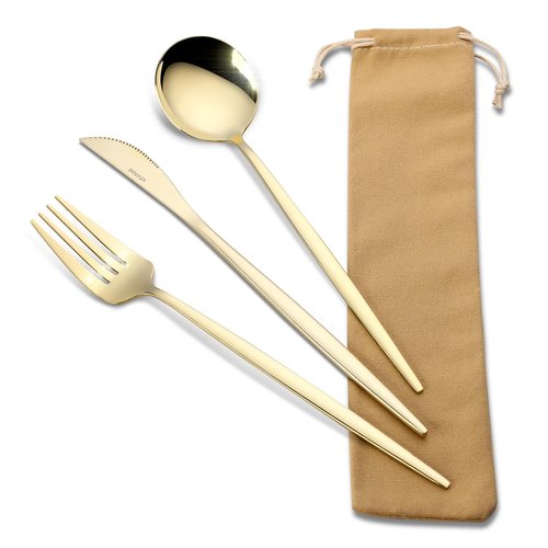 VIVANI Travel Utensils with Case, 3 Pieces Reusable Champagne Gold Utensils Set, Stainless Steel Camping Cutlery Set for Lunch Box