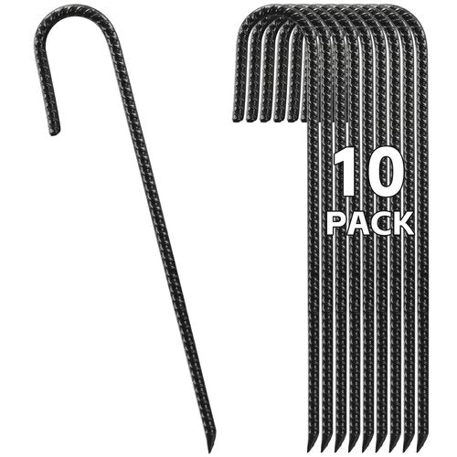 Ground Stakes 16 Inch, J Hook Tent Stakes, Heavy Duty Garden Stakes 10 Pack, Anti-Rust Rebar Stakes Ground Anchors for Fence, Garden, Trampoline, Landscape