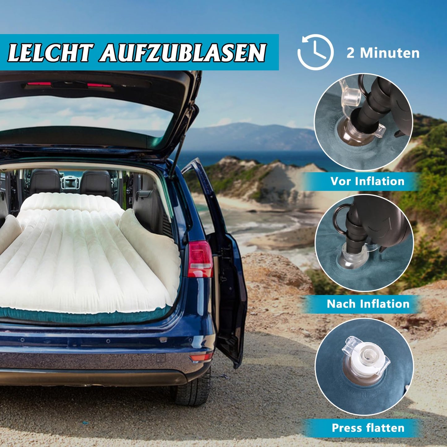 JESTMOTOR SUV Air Mattress Thickened and Double-Sided Flocking Travel Foldable Camping Bed for SUV Rear Seat and Trunk Camping Pickup Truck Bed Air Mattress, 76x51x4.7Inch (White Blue)