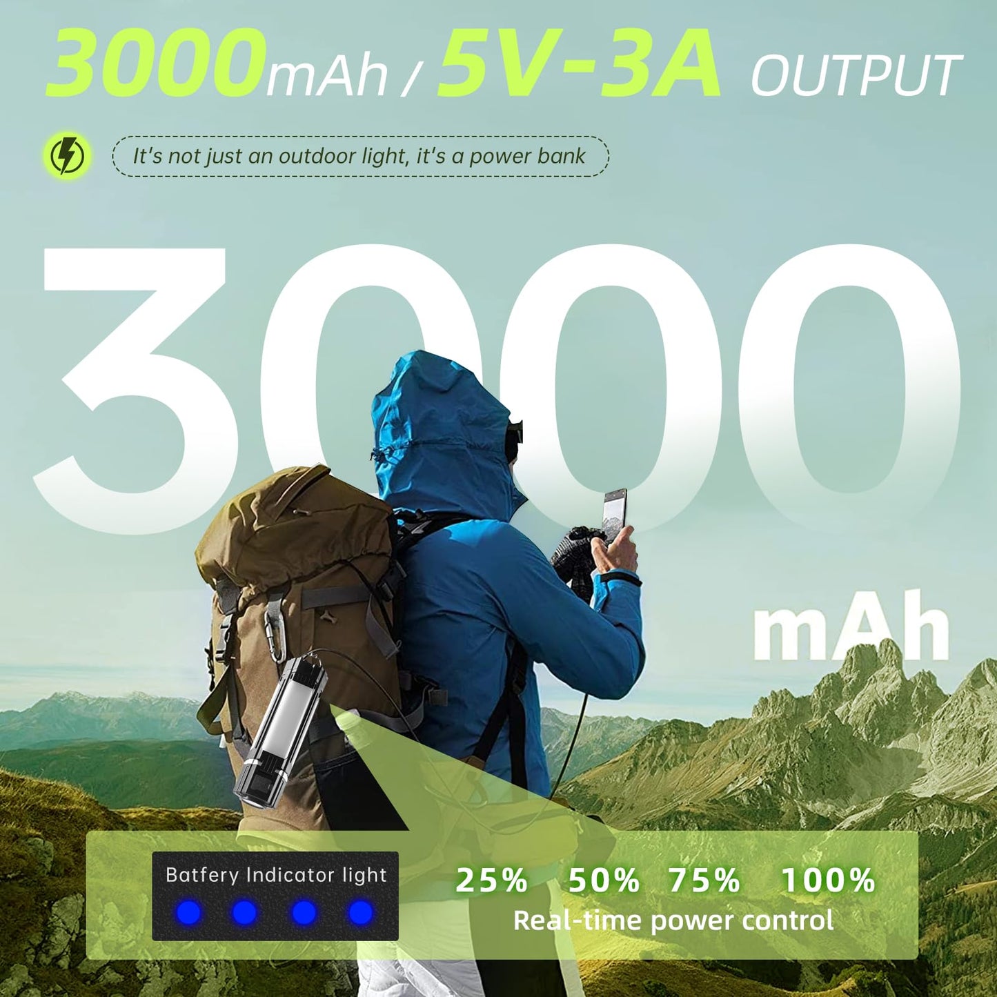 Foldable Camping Lights Rechargeable, 3000mAh PowerBank, 1500 LM Portable Flashlight, 5 Modes LED Tent Lights for Camping,Essential Waterproof Camping Light for Hiking, Camping Essentials