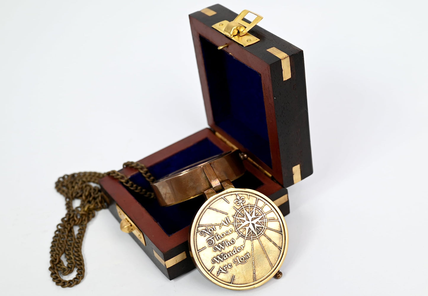 Brass Nautical - Not All Those Who Wander are Lost Brass Gift Embossed Compass with Wooden case, Graduation Day Baptism Communion Confirmation Day Motivational LOTR J.R.R. Tolkien (Wooden Box)