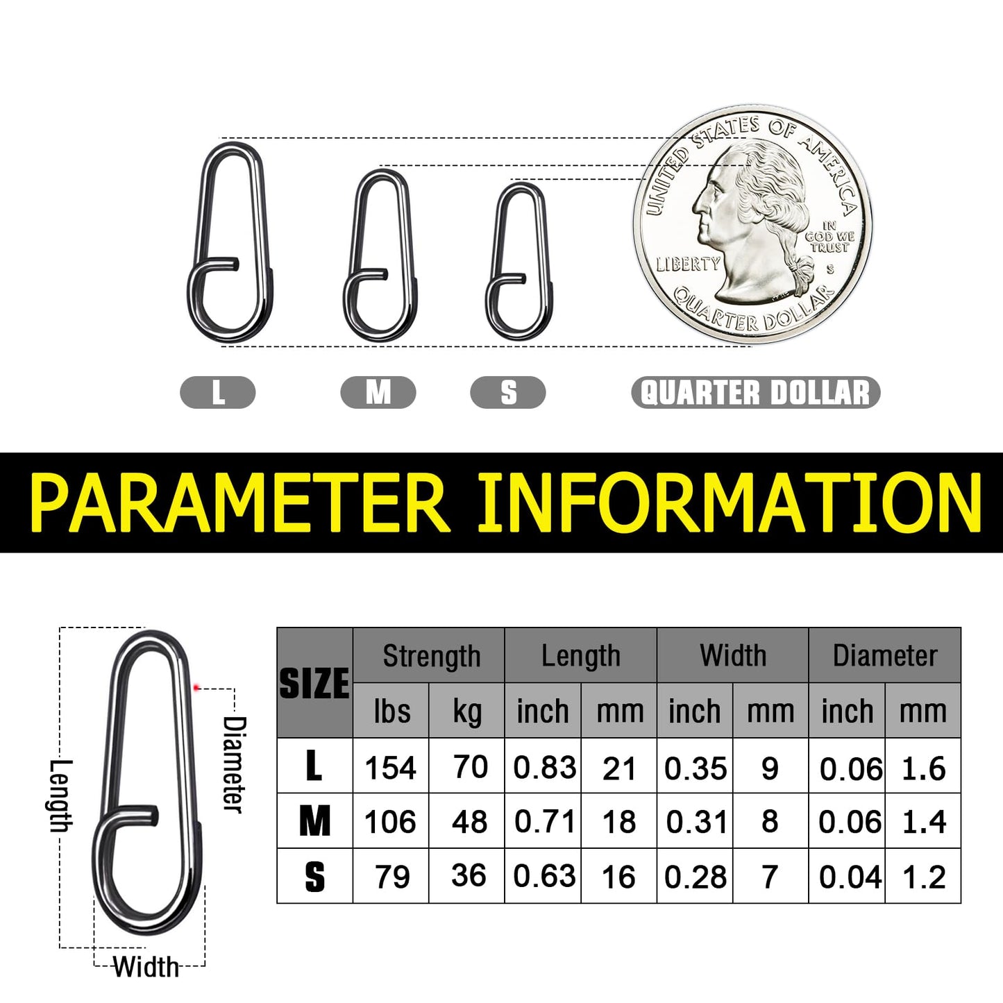 Atibin Stainless Steel Fishing Snap Freshwater High Strength Fishing Clips Saltwater Oval Split Fishing Snaps Swivels Black Nickel 50pcs 79lbs