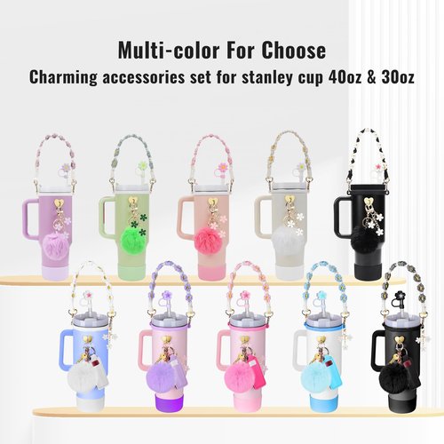 Stanley Accessories Set - 7 Pcs: Water Bottle Handle, Silicone Boot, Straw Cover, Charms for 40/30 oz Tumbler (Black)