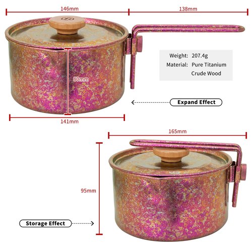 TiTo Titanium Camping Pot Lunch Box with Lid & Folding Handle Ultralight Portable Outdoor Heated Bowl for Hiking Backpacking Picnic Travel Adventure Cookware Bento Box (Rose)