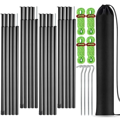 Tent Poles Adjustable Tarp Poles Steel Rods for Tarp Canopy Camping Replacement Set of 4 +Pegs & Reflective Ropes (Black/4)