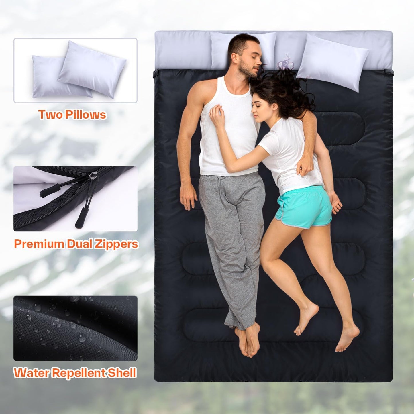 Ohuhu Double Sleeping Bag: Queen Size 2 Person 3 Season for Warm & Cold Weather Camping Sleeping Bag with 2 Pillows, Large Size 87'' x 60'' Waterproof Lightweight