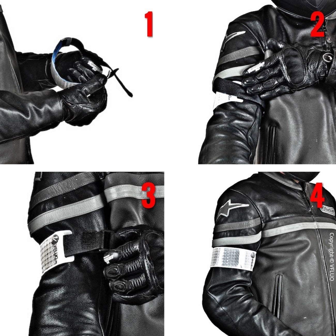 VFLUO - Reflective + reflective Adjustable & Elastic Motorcycle Armband for Motorcycle Jacket, Scooter, Bicycle, Pedestrian - High Visibility - Resistance & Support