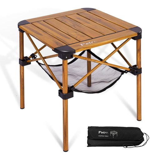 Peirhw Folding Camping Table, Portable Lightweight Aluminum Camp Table Roll Up Top with Storage Net for Outdoor, Camping, Picnic, Backyards, BBQ(Woodgrain, 15.8 x 15.8 x 15.8in)
