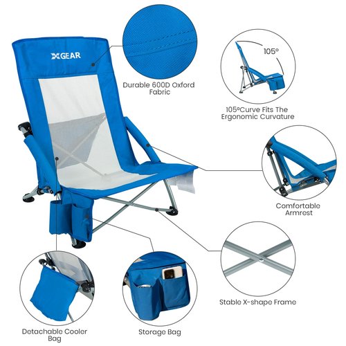 XGEAR High Back Folding Beach Chair with Detachable Cooler Bag High Back Mesh Back Sand Chair for Beach, Lawn, Camping, Travel, Support Up to 350 lbs