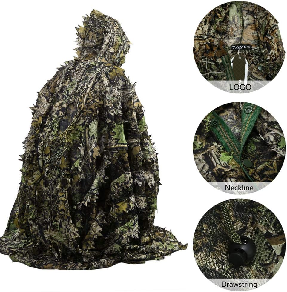 Zicac Outdoor Ghillie Suit 3d Leafy Camo Poncho for Men Hunting Bird Watch Military CS Woodland Hoodie Camouflage Cloak