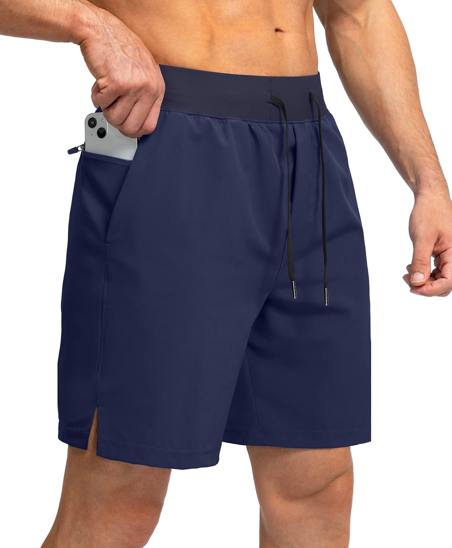 Soothfeel Men's Running Shorts with Zipper Pockets 7 Inch Lightweight Quick Dry Gym Athletic Workout Shorts for Men (Navy, L)