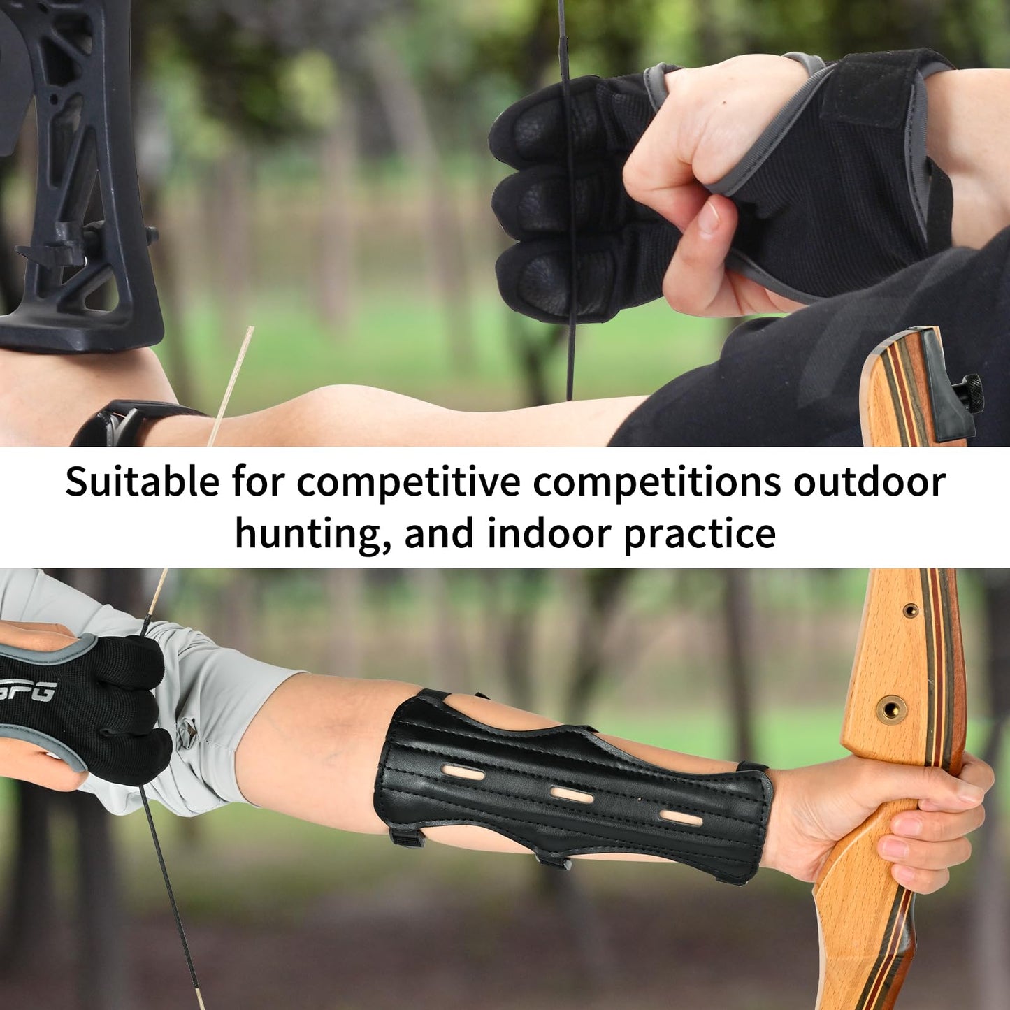 FENJANER Archery Finger Tab Gloves Arm Guard Adjustable Strap Wrist Guard Arrow Bag Hip Arrow Quiver for Hunting Target Accessories (1 X Arm Guard and 1 X Arrow Quiver and 2 X Archery Gloves)
