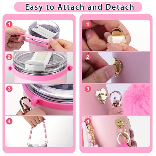 HAOYINEER Cup Accessories Set for Stanley Cup 40oz 30oz Tumbler, Including Water Bottle Handle Strap, Silicone Spill Proof Stopper, Silicone Cup Boot, 2 Pcs Charms, Pink