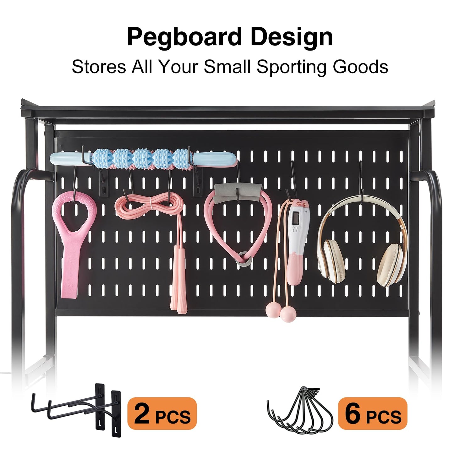 56'' Taller Home Gym Storage Organizer, Yoga Mat Storage Rack with Hanging Board, Exercise Workout Equipment Storage Stand for Home Gym, Dumbbell Holder Kettlebell Rack with Wheels and Hooks (Black)
