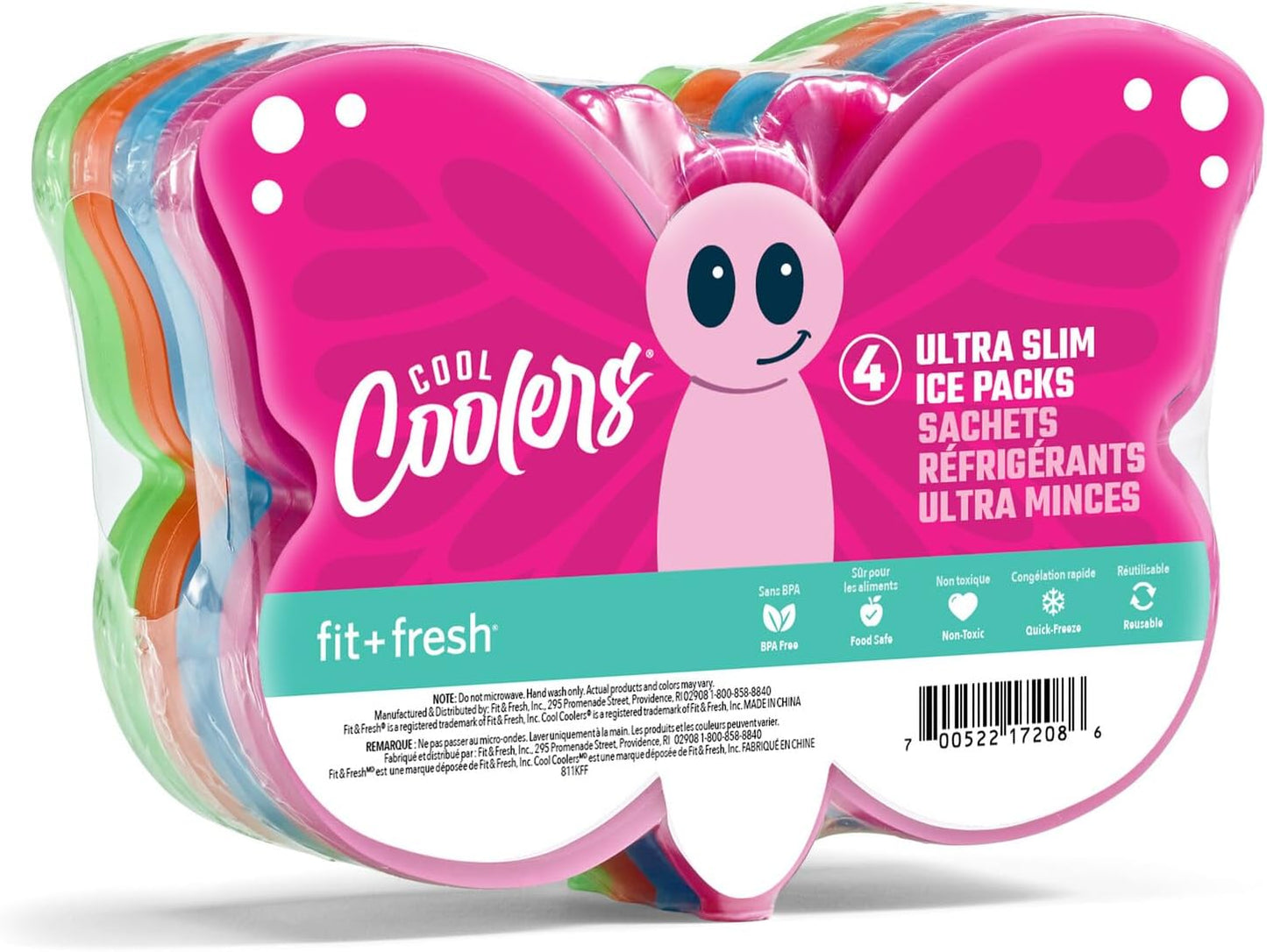 Fit & Fresh Cool Coolers Kids Lunch Box Ice Packs, Slim Ice Packs for Lunch Bags, Lunch Ice Packs Reusable-Multicolored, Set of 4 (Penguin)