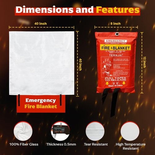 Emergency Fire Blanket For Home & Kitchen |40"x40" Fiberglass Supression Jacket with Safety Gloves- 2pk | Fire Retardant Protection |Fireproof Blanket for Office, Warehouse, Camping, Car & Fireplace