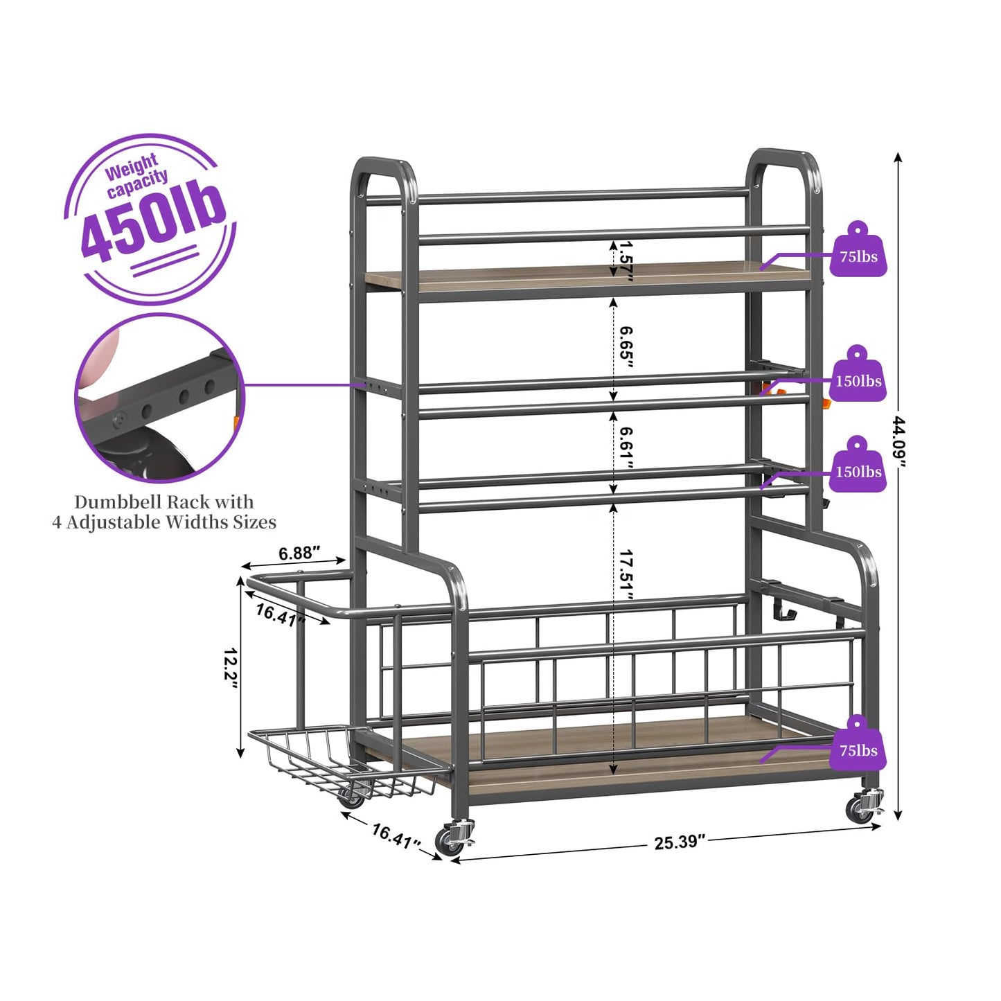 Homeiju Dumbbell Rack,Weight Rack for Home Gym, Home Gym Storage for Dumbbells Kettlebells Yoga Mat and Strength Training Equipment,Weight Storage Rack for Dumbbells with Wheels&Hooks(Grey)
