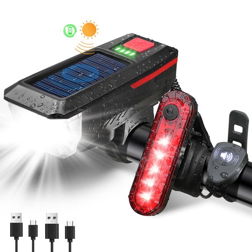 SODPE Bike Light, Sloar & USB Rechargeable Bicycle Light Set with Horn, Super Bright LED Bike Lights for Night Riding Front and Back, Waterproof Safety Headlight and Rear Taillight Set
