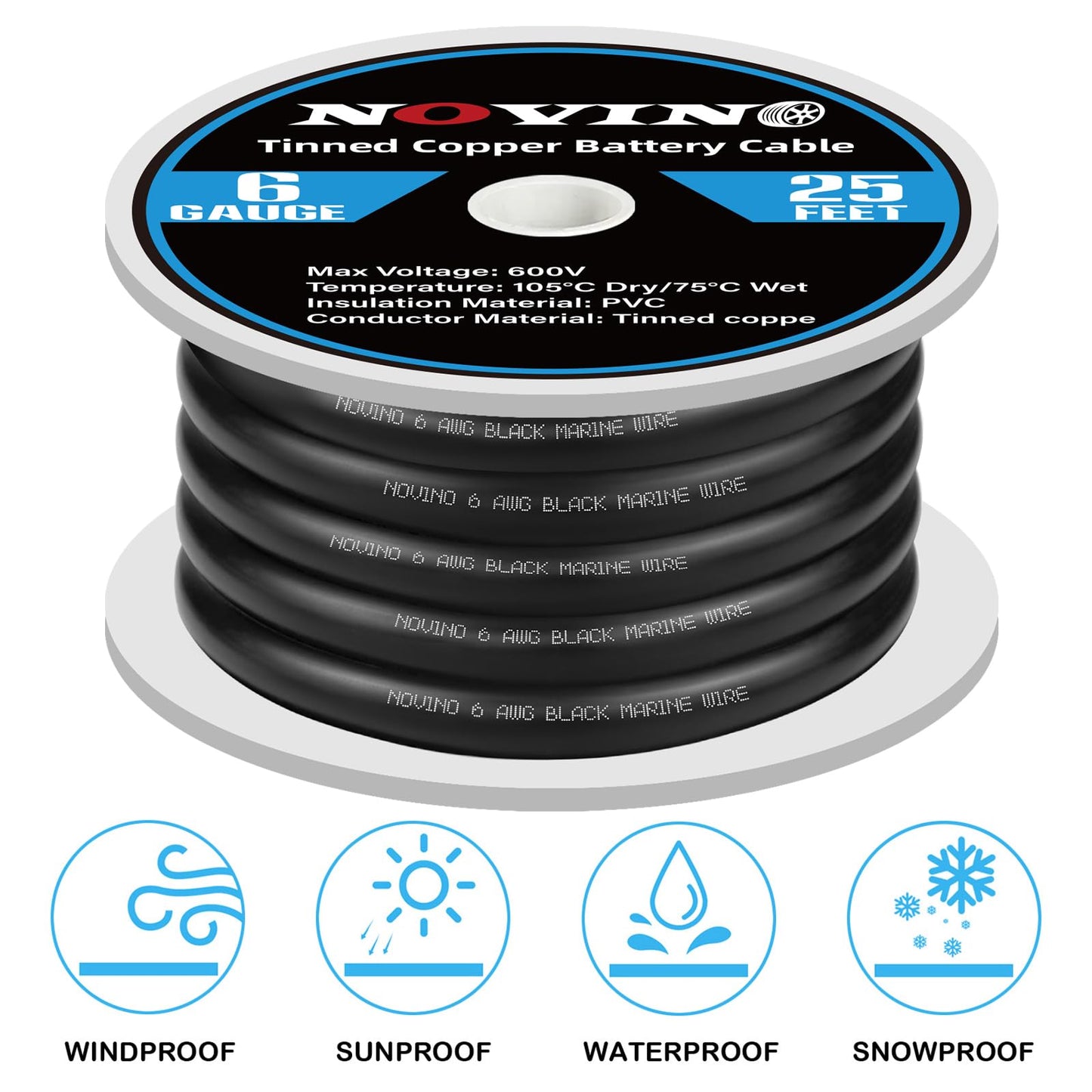 6 Gauge Marine Battery Cable,600V 6 AWG 25ft Tinned Copper Battery Cable for Boat Wiring Marine Automotive RV Camper Trailer Car Truck Motorcycle Kubota Tractor