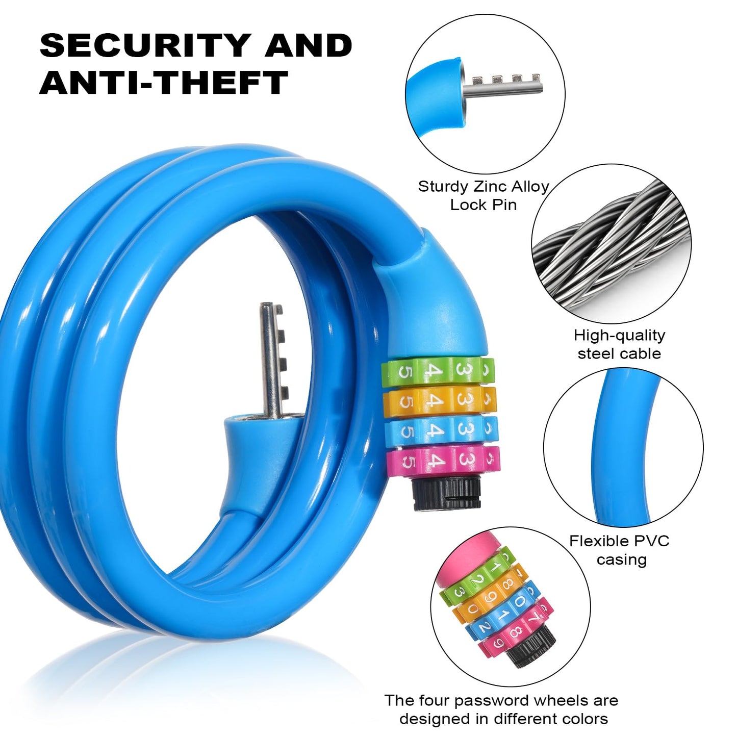 Ainiv Bike Lock, 25 inch Bike Lock Cable, Portable Anti Theft 4 Digits Codes Cable Locks, Resettable Combinations Coiling Bicycle Lock for Bike, Motorbike, Scooter, Skateboard, Gate, Fence (Blue)