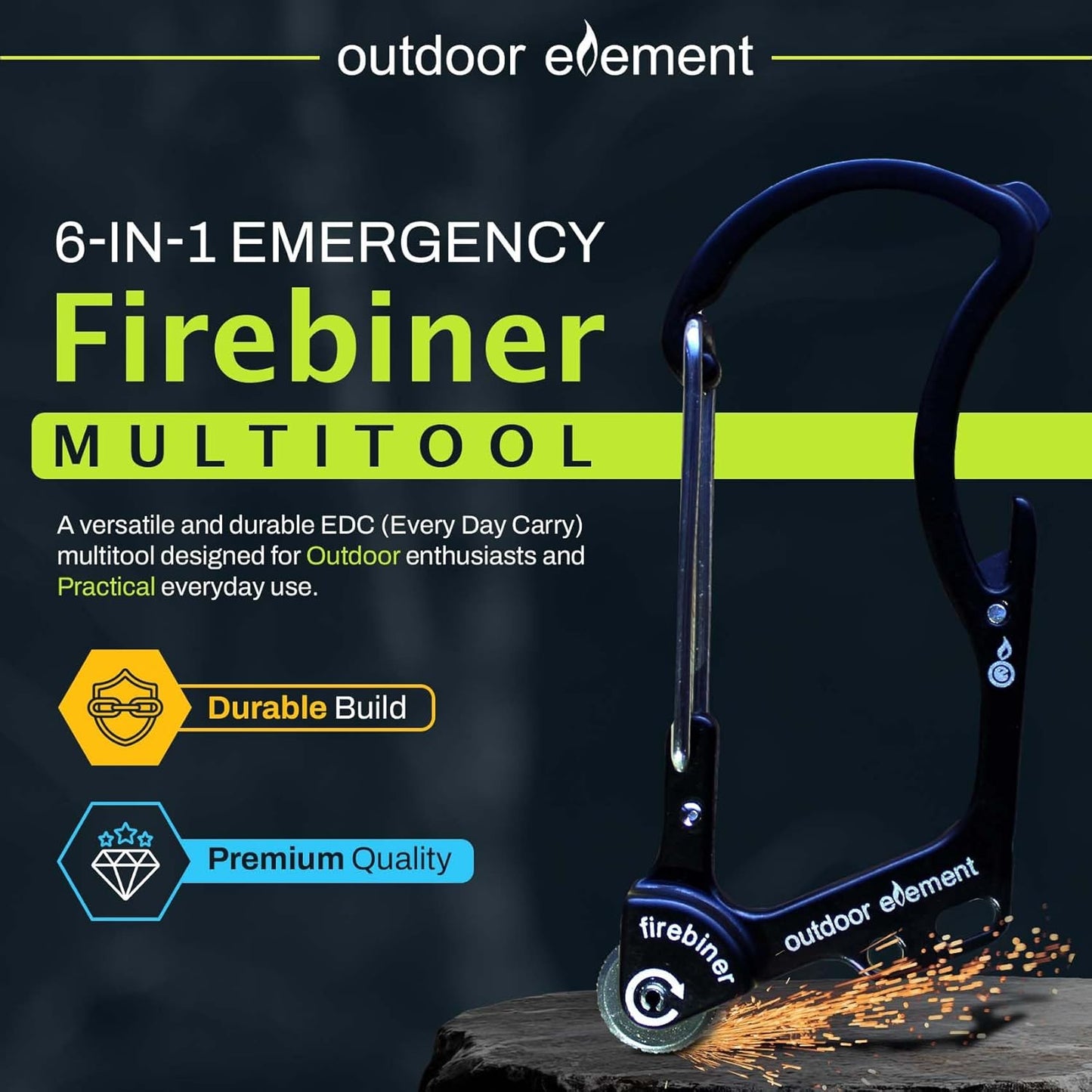 Firebiner 6-in-1 Fire-Starting Carabiner EDC Emergency Multitool -Keychain,Utility Blade,Bottle Opener,& More