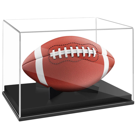 Football Display Case Full Size，Memorabilia Display Box Cases for Football or Memorial Sports Gloves，Acrylic Clear Box with Wood Stand Solid Base