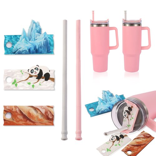 Proke Stanley Cup Accessories Set, 3pcs Name Plates for Stanley 40 oz + 2pcs 9.65in Stanley Straw, Popular Animal Elements Tumbler Decorations, Birthday Christmas Gifts for Family