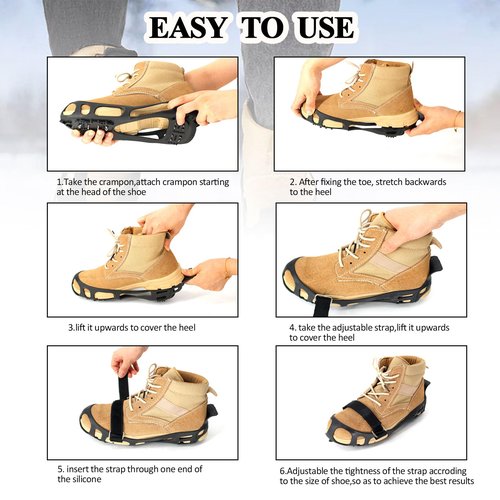 MOVOYEE Ice Cleats for Shoes and Boots Women Men Kids, Crampons for Hiking Boots Climbing Fishing Running, Rubber Stainless Steel Traction Non Slip Gripper Spikes for Shoes On Ice Snow Winter Walking