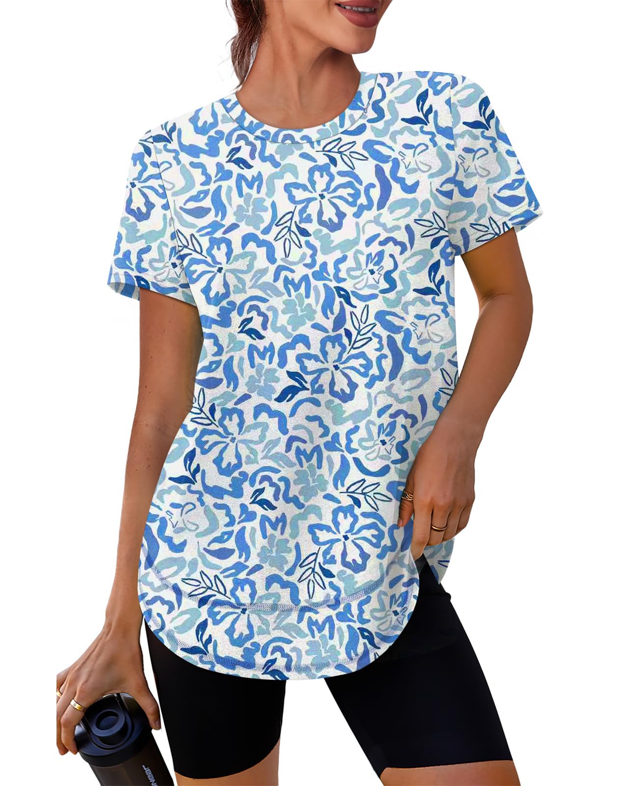 Spring Summer Tops for Women Short Sleeve Hiking Shirts Athleisure Golf Shirt Beach Fashion Curved Hem Loose Fit Blue XXL